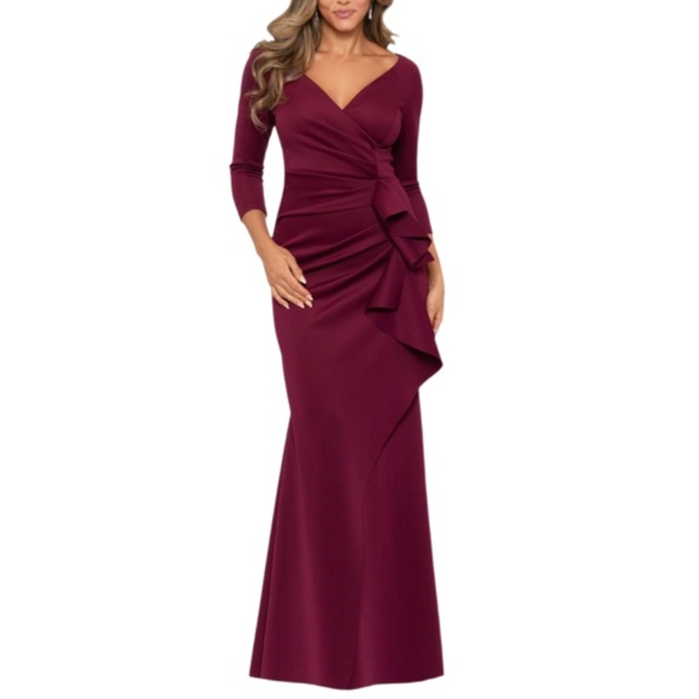 XSCAPE Lexi 3/4 Sleeve Scuba Ruched Gown/Dress in Plum NEW